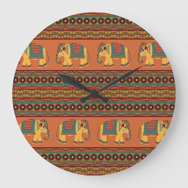 Indian Elephants, Orange Traditional Seamless. Large Clock (Front)