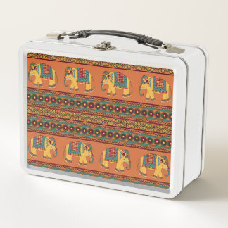 Indian Elephants, Orange Traditional Seamless. Metal Lunch Box