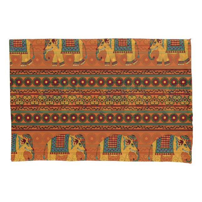 Indian Elephants, Orange Traditional Seamless. Pillowcase (Front)