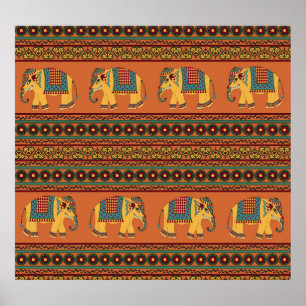 Indian Elephants, Orange Traditional Seamless. Poster