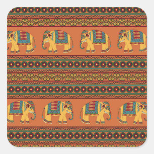 Indian Elephants, Orange Traditional Seamless. Square Sticker