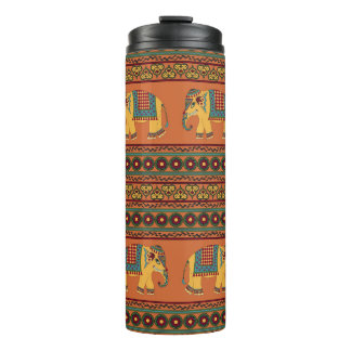 Indian Elephants, Orange Traditional Seamless. Thermal Tumbler