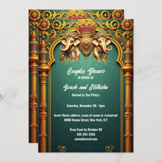 Indian elephants royal teal gold couples shower invitation (Front/Back)