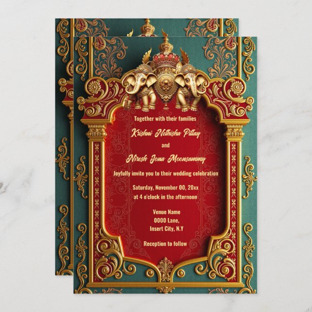 Indian elephants teal gold burgundy royal wedding  invitation (Front/Back)