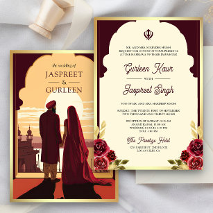 Indian Ethnic Burgundy Anand Karaj Sikh Wedding Invitation