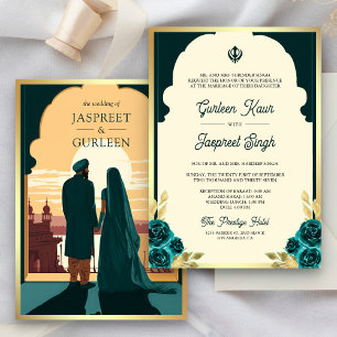 Indian Ethnic Dark Teal Anand Karaj Sikh Wedding Invitation