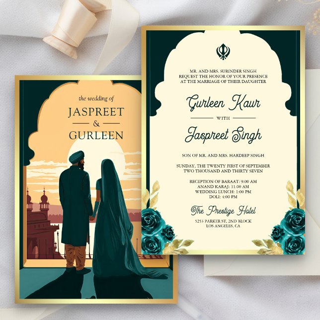Indian Ethnic Dark Teal Anand Karaj Sikh Wedding Invitation (Creator Uploaded)