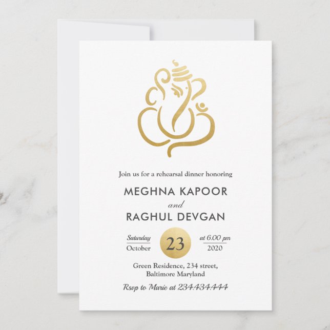 Indian | Faux Gold Foil Ganesha Rehearsal Dinner Invitation (Front)