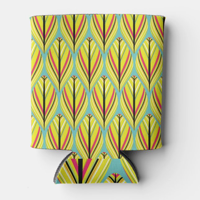 Indian Feathers: Yellow Blue Seamless. Can Cooler (Front)