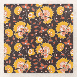 Indian Floral Coloured Vintage Seamless Glass Coaster
