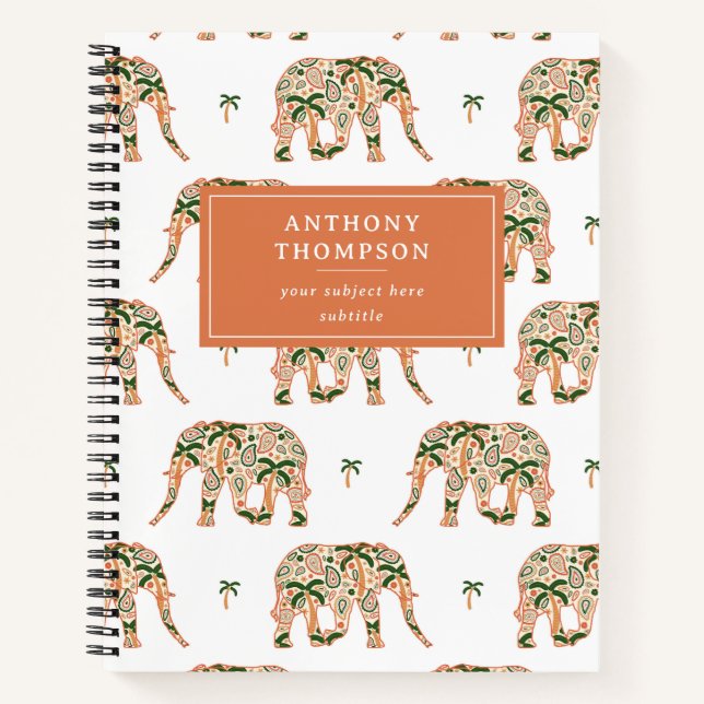 Indian Floral Paisley Ornate Elephants Custom Name Notebook (Front)