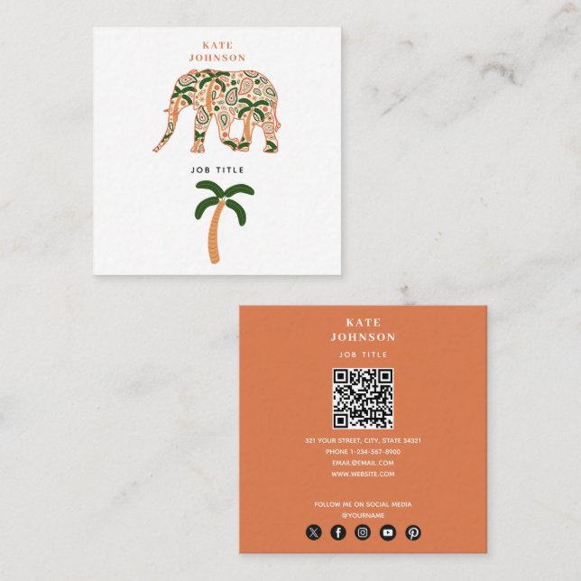 Indian Floral Paisley Ornate Elephants Square Business Card (Front/Back)