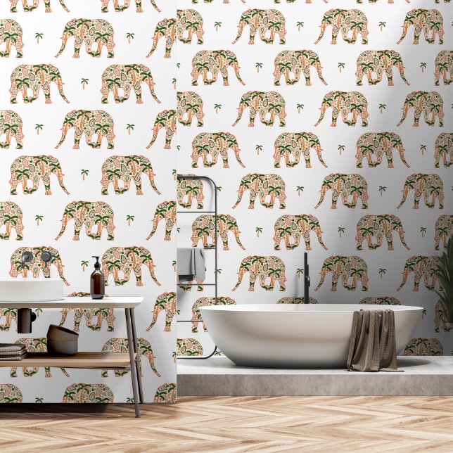 Indian Floral Paisley Ornate Elephants Wallpaper (Bathroom)