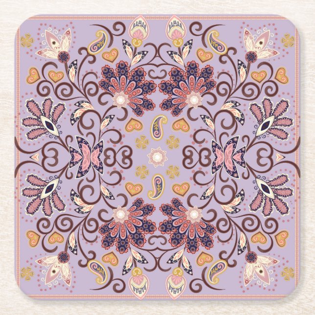 Indian floral tablecloth: lovely pastel pattern square paper coaster (Front)