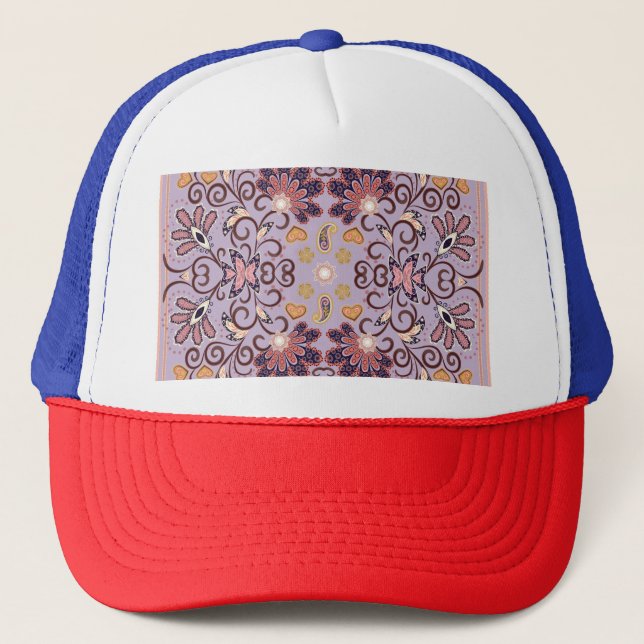 Indian floral tablecloth: lovely pastel pattern trucker hat (Front)
