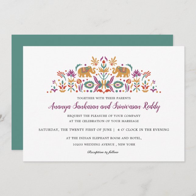 Indian Flower Elephant Jade green modern wedding Invitation (Front/Back)