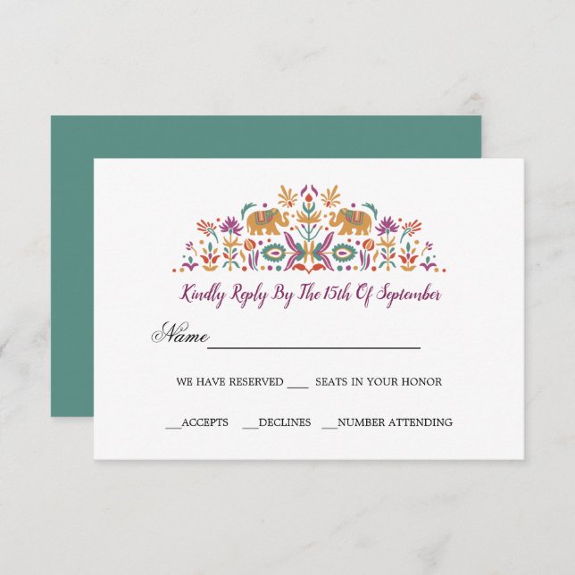 Indian Flower Elephant Jade green RSVP wedding V2 Invitation (Front/Back)