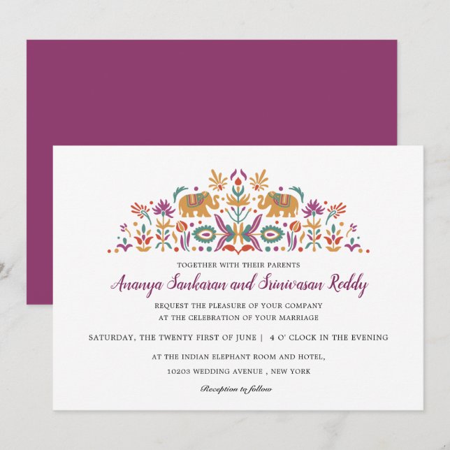 Indian Flower Elephant Purple modern wedding Invitation (Front/Back)
