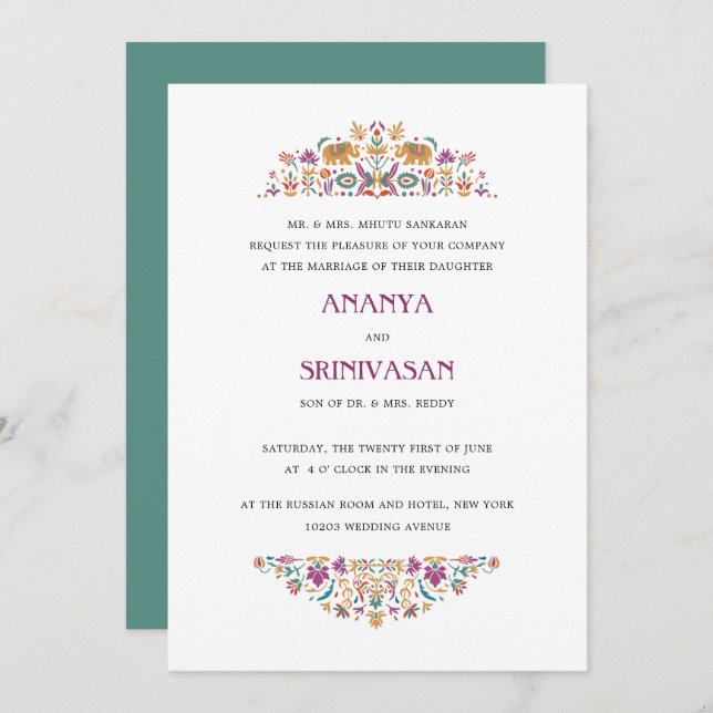 Indian Flower Jade Green Elephant Formal Wedding Invitation (Front/Back)