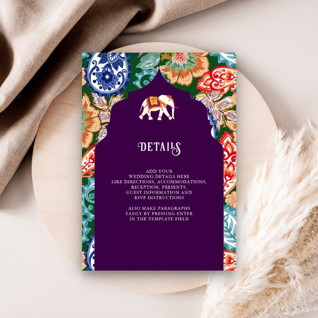 Indian Folk Art Elephant Aubergine Wedding Details Enclosure Card (Creator Uploaded)