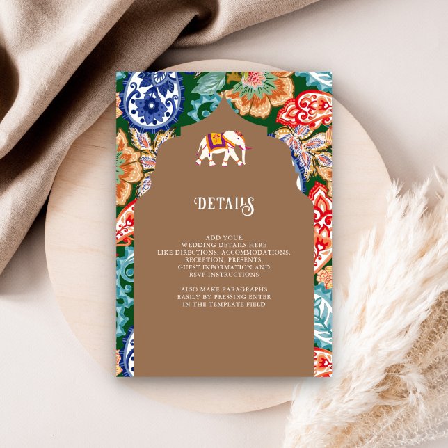 Indian Folk Art Elephant Beige Wedding Details Enclosure Card (Creator Uploaded)
