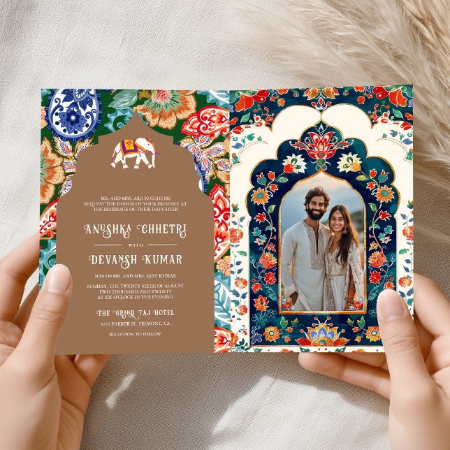 Indian Folk Art Elephant Beige Wedding Invitation (Creator Uploaded)