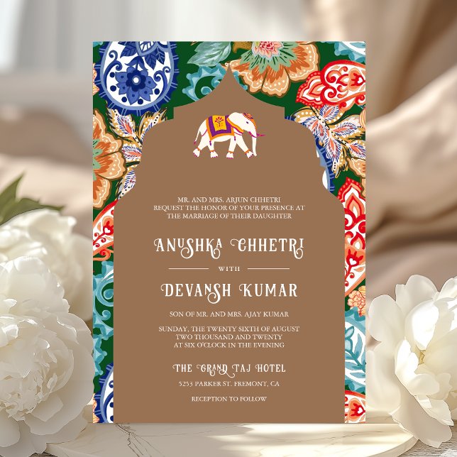 Indian Folk Art Elephant Beige Wedding Invitation (Creator Uploaded)