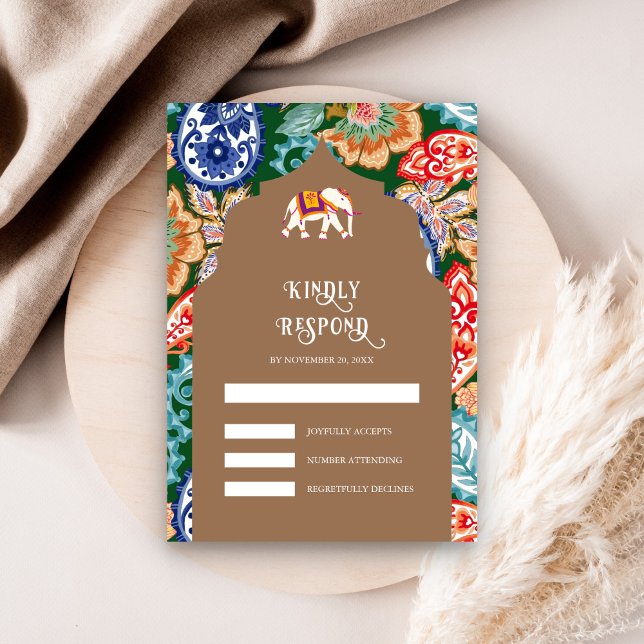 Indian Folk Art Elephant Beige Wedding RSVP Card (Creator Uploaded)