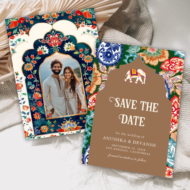 Indian Folk Art Elephant Beige Wedding Save The Date (Creator Uploaded)