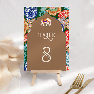 Indian Folk Art Elephant Beige Wedding Table Number