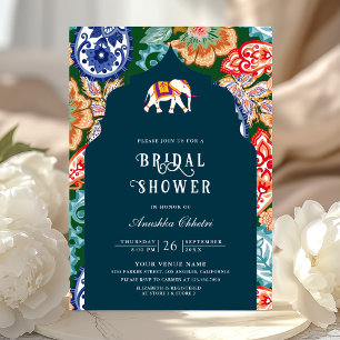 Indian Folk Art Elephant Dark Blue Bridal Shower Invitation