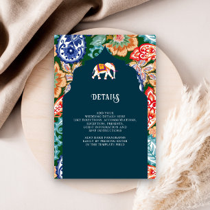 Indian Folk Art Elephant Dark Blue Wedding Details Enclosure Card