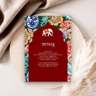 Indian Folk Art Elephant Dark Red Wedding Details Enclosure Card
