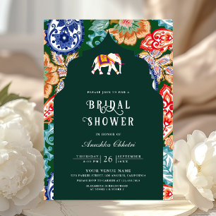 Indian Folk Art Elephant Emerald Bridal Shower Invitation
