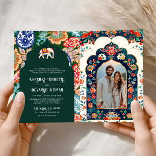 Indian Folk Art Elephant Emerald Green Wedding Invitation