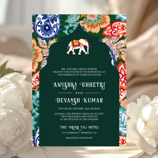 Indian Folk Art Elephant Emerald Green Wedding Invitation (Creator Uploaded)
