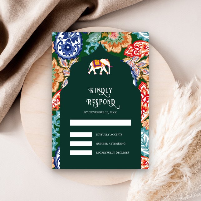 Indian Folk Art Elephant Emerald Green Wedding RSVP Card (Creator Uploaded)