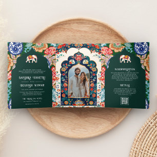 Indian Folk Art Elephant Emerald Green Wedding Tri-Fold Invitation