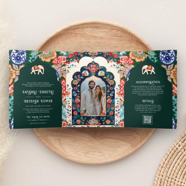 Indian Folk Art Elephant Emerald Green Wedding Tri-Fold Invitation (Creator Uploaded)
