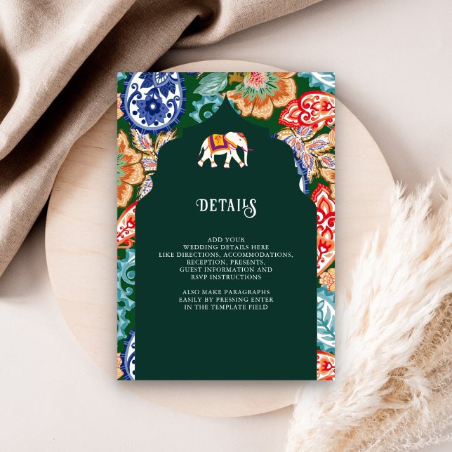 Indian Folk Art Elephant Emerald Wedding Details Enclosure Card (Creator Uploaded)
