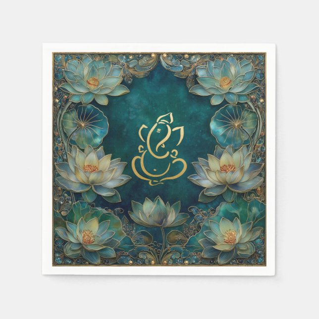 Indian Ganesh Green Gold Traditional Lotus Wedding Napkin (Front)