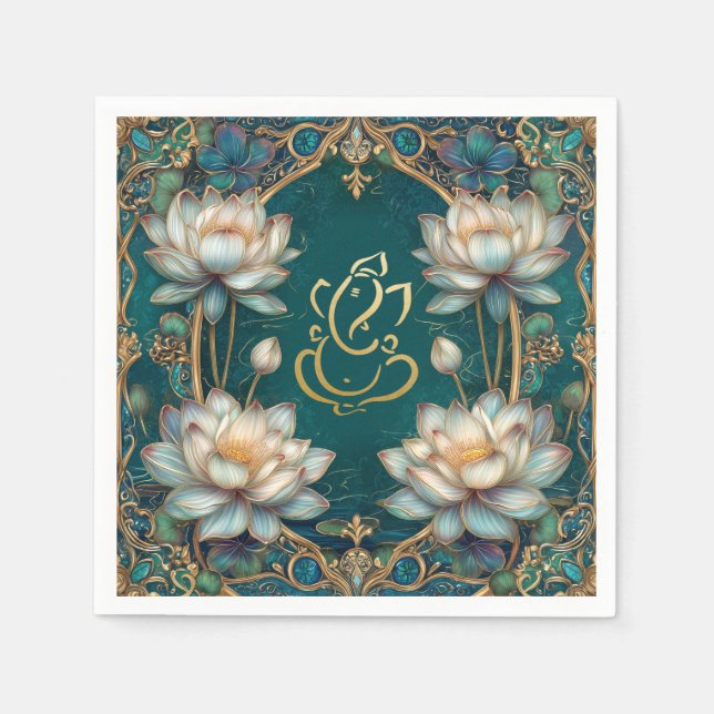 Indian Ganesh Green Gold Traditional Lotus Wedding Napkin (Front)