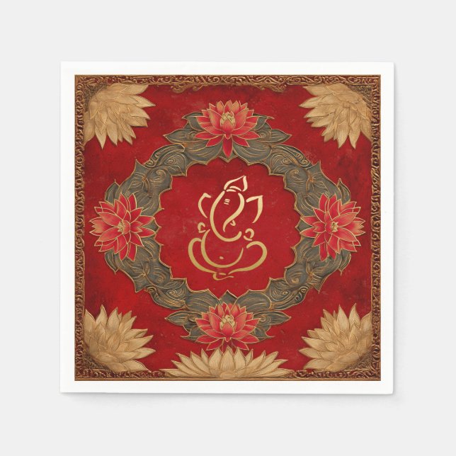 Indian Ganesh Red Gold Traditional Lotus Wedding Napkin (Front)