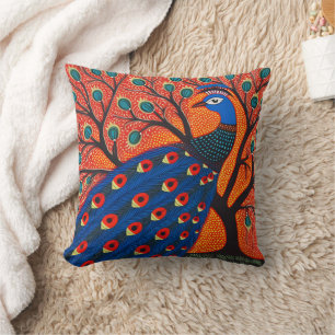 Indian Gond Art Peacock Art of India Cushion