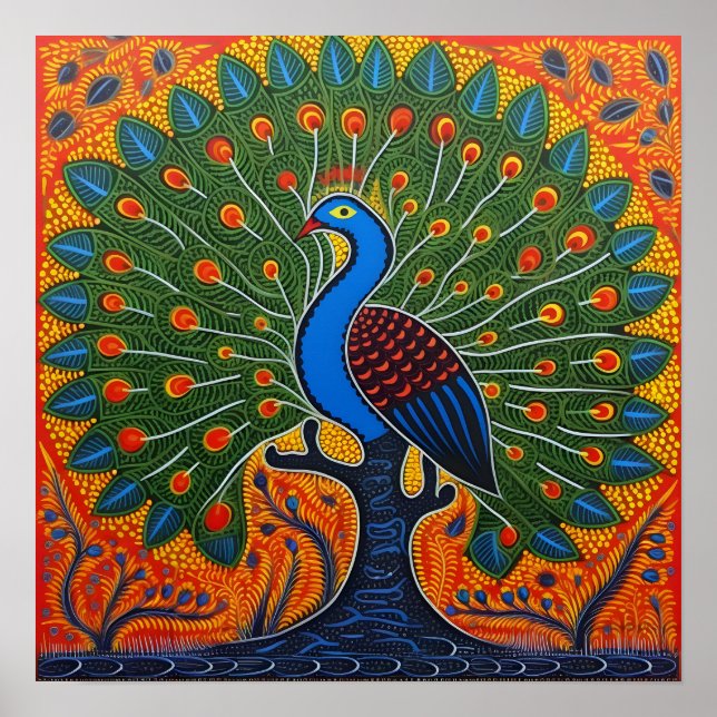 Indian Gond Art Peacock Orange | Art of India Poster (Front)