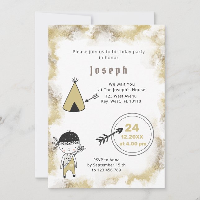 Indian Graphic Watercolor Boys Birthday Invitation (Front)