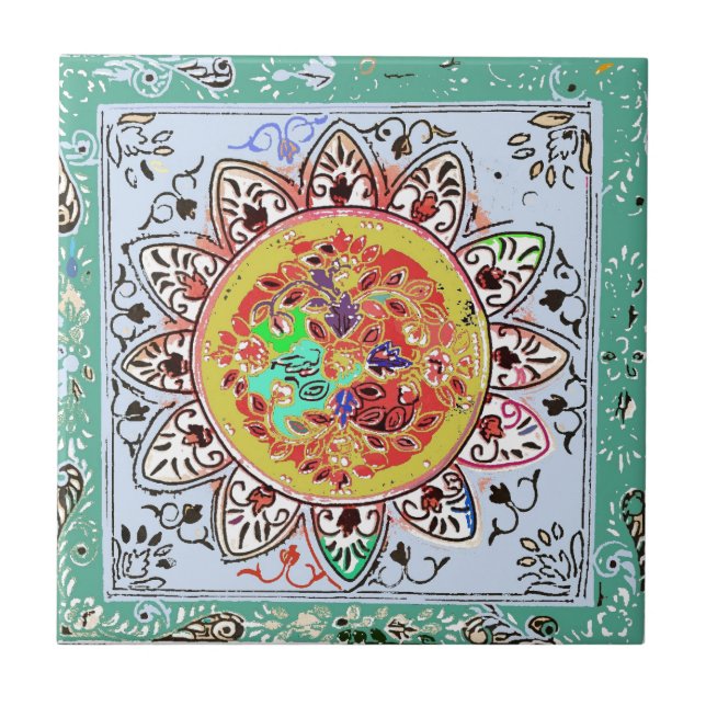 Indian Green Yellow Floral Tile (Front)
