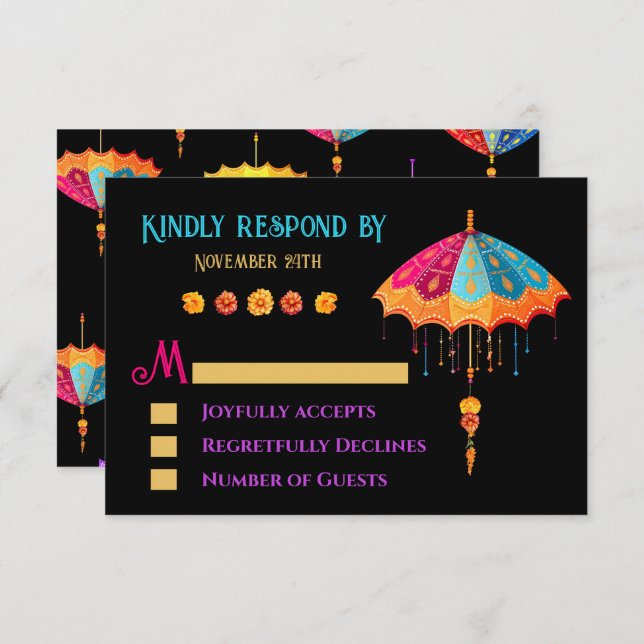 Indian Hindu Colourful Parasol Wedding RSVP (Front/Back)