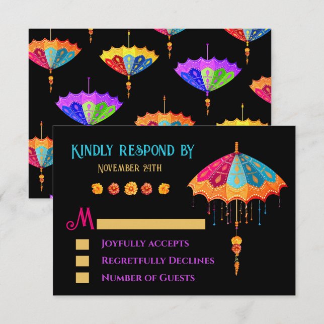 Indian Hindu Colourful Parasol Wedding RSVP Card (Front/Back)