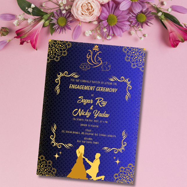 Indian Hindu Engagement Ceremony Blue & Golden Invitation (Creator Uploaded)